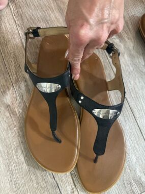 Michael Kors Black Leather T-Strap Sandals with Tan Footbed